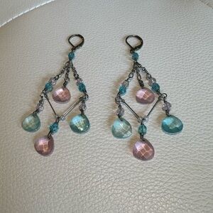 Pink and blue silver chandelier dangle drop earrings
